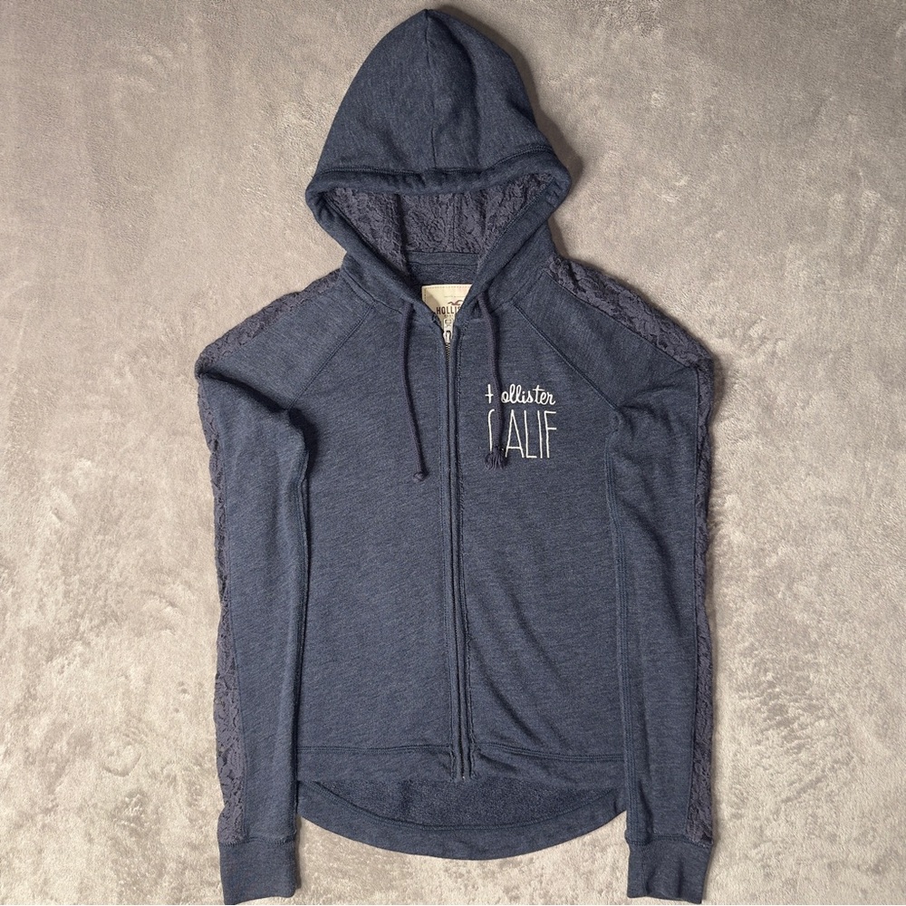 VTG Hollister Women's Y2K Full Zip Hoodie S Navy Gray Lace Braided Sleeves Boho